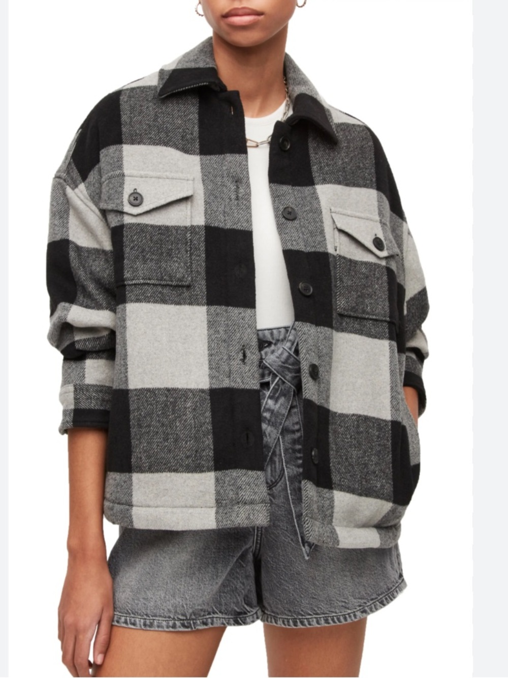 All Saints Shacket Luella Jacket Check Oversized in Black Cloud Burst Plaid